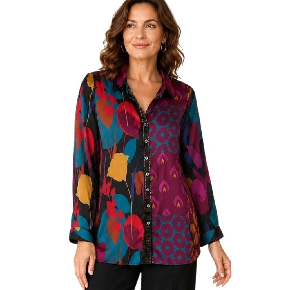 Soft Surroundings Champlain Silk Top Womens XS Purple Potion Colorful Oversized